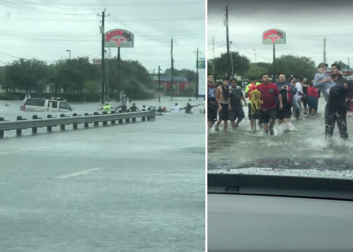 People are seen forming a human chain to rescue a man who was trapped in a sinking car. (Photo: Stephanie N Edward Mata/Facebook)