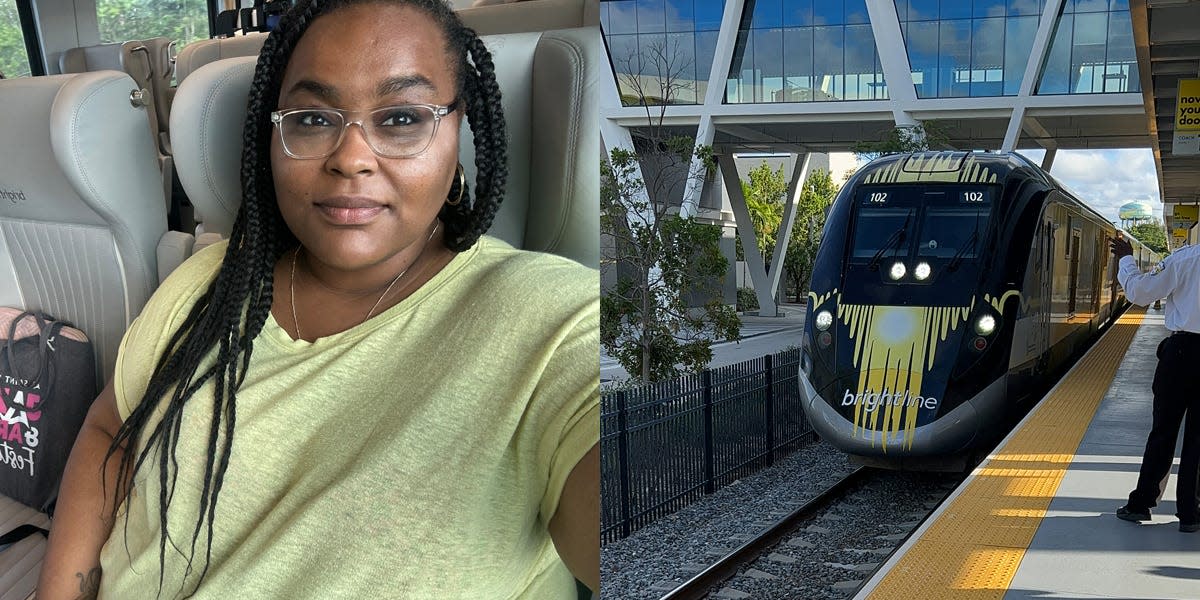 Ronny Maye on train next to image of brightline train on tracks