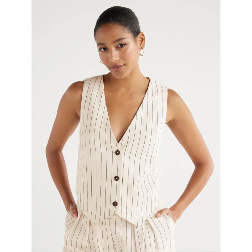 model wearing cream pinstripe button down vest