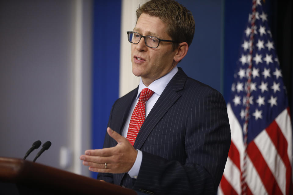 White House Press Secretary Jay Carney answers a reporter's question at the White House in Washington, Tuesday, Oct. 15, 2013, regarding talks between Republicans and Democrats lawmakers on the partial government shutdown and looming debt default. (AP Photo/Charles Dharapak)