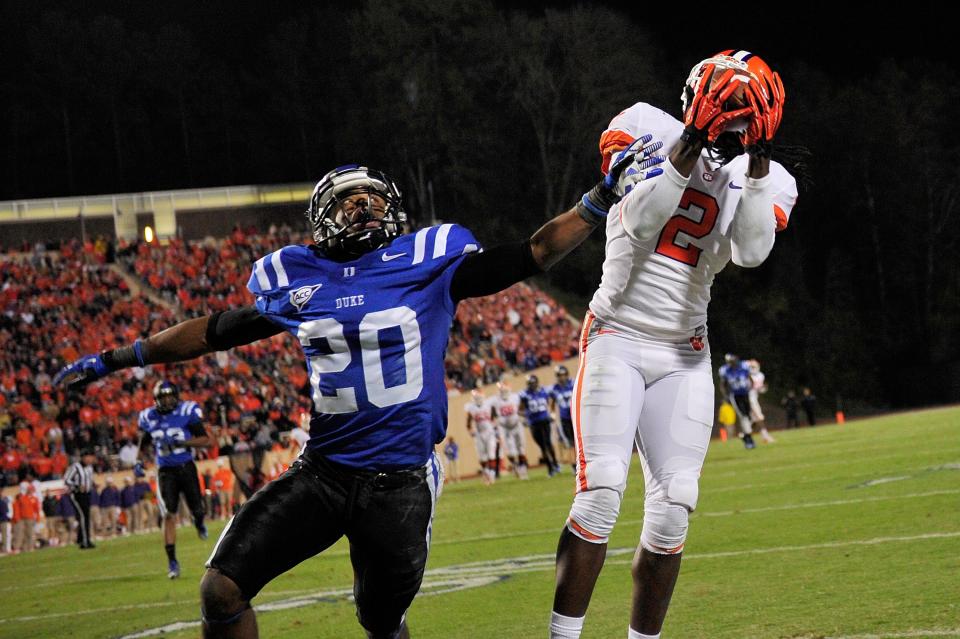 Sammy Watkins #2 of the Clemson Tigers makes an acrobatic catch along the sideline against defender Lee Butler #20 of the Duke Blue Devils during play at Wallace Wade Stadium on November 3, 2012 in Durham, North Carolina. (Photo by Grant Halverson/Getty Images)