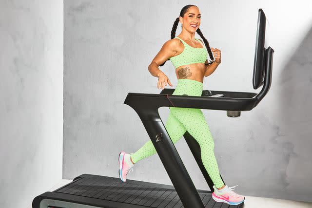 <p>Jess Juliao</p> Top: Brittany Allen Dream Rhinestone Square Neck Bralette in Neon Green. Bottoms: Brittany Allen Dream Rhinestone Leggings in Neon Green. Shoes: Nike ZoomX Invincible Run 3. Jewelry: Robin’s Own