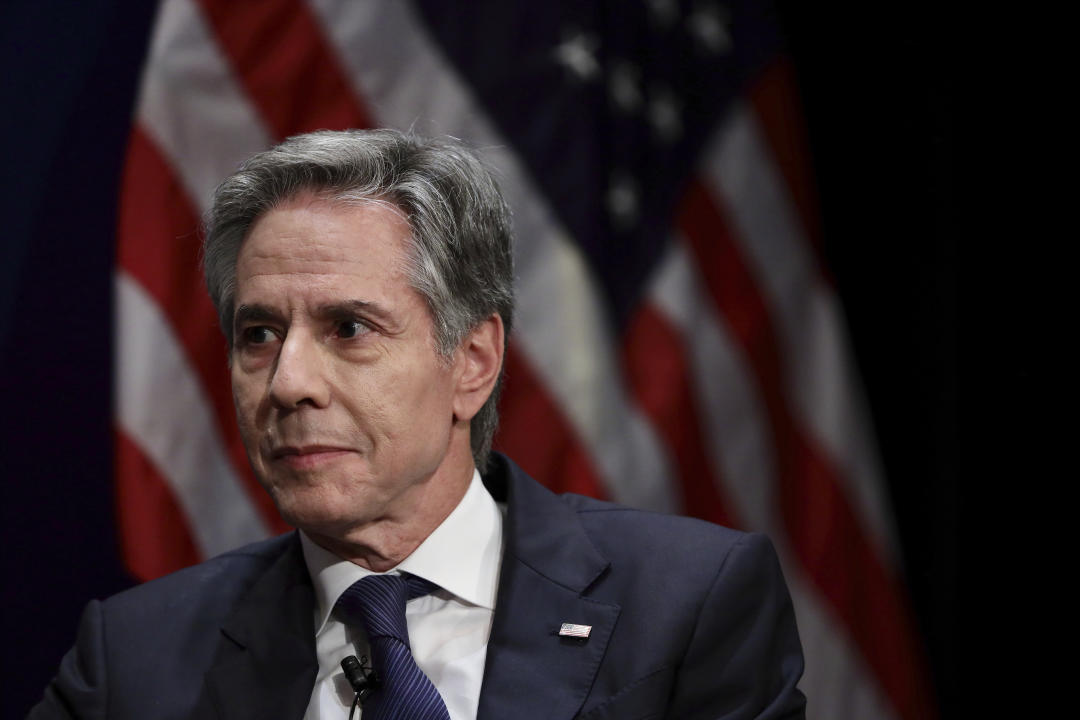 U.S. Secretary of State Antony Blinken speaks during a conversation on Advancing Security and Prosperity in the Indo-Pacific Region with Singapore's Ambassador-at-Large Chan Heng Chee at Asian Civilisation Museum in Singapore, Wednesday, July 31, 2024. (AP Photo/Suhaimi Abdullah)