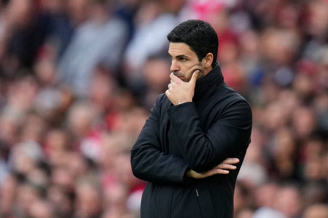 Mikel Arteta reacts during the English Premier League soccer match between Arsenal and Aston Villa