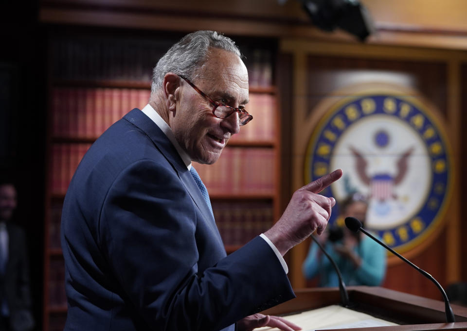 Senate Majority Leader Chuck Schumer, D-N.Y., speaks to reporters after final votes going into the Memorial Day recess, at the Capitol in Washington, Friday, May 28, 2021. Senate Republicans successfully blocked the creation of a bipartisan commission to study the Jan. 6 attack on the Capitol by rioters loyal to former President Donald Trump. (AP Photo/J. Scott Applewhite)