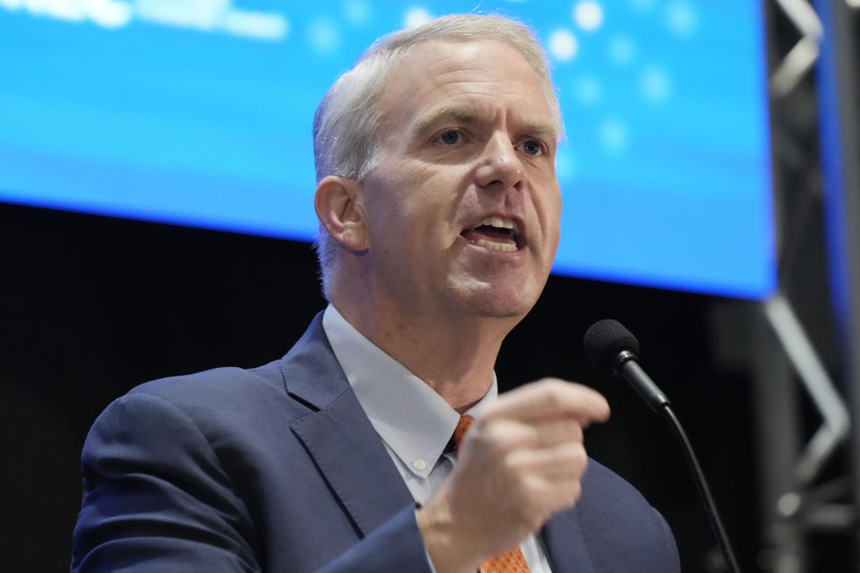 Brandon Presley, Democratic candidate for Mississippi Governor, addresses a group of business leaders at the 2023 Hobnob, sponsored by the Mississippi Economic Council, in Jackson, Miss., Thursday, Oct. 26, 2023. (AP Photo/Rogelio V. Solis)