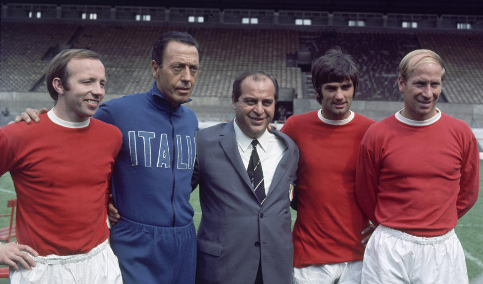 Manchester United footballers left to right: Nobby Stiles, George Best and Bobby Charlton pose with Italian agent Gigi P