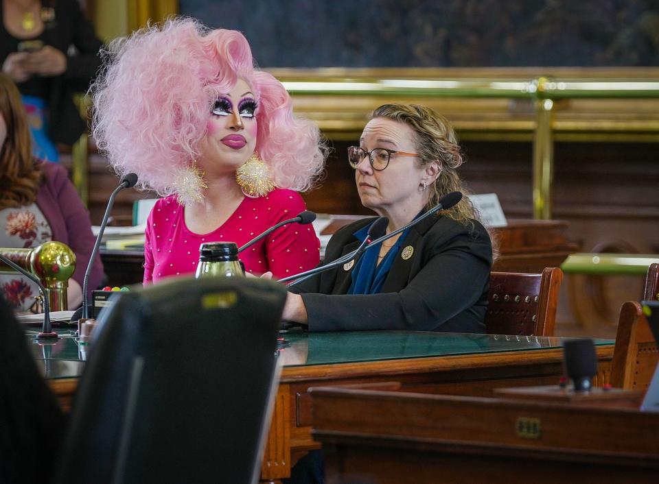 Brigitte Bandit testifies against Senate Bill 12 at the Texas Capitol in March. The measure, signed by Gov. Greg Abbott in June, created civil and criminal penalties for anyone involved with "sexually oriented performances" in front of minors. The law was ruled unconstitutional in September due to freedom of speech concerns.