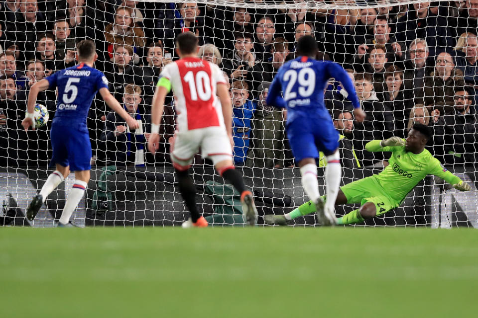 LONDON, ENGLAND - NOVEMBER 05: Jorginho of Chelsea scores their 3rd goal from the penalty spot during the UEFA Champions League group H match between Chelsea FC and AFC Ajax at Stamford Bridge on November 5, 2019 in London, United Kingdom. (Photo by Marc Atkins/Getty Images)