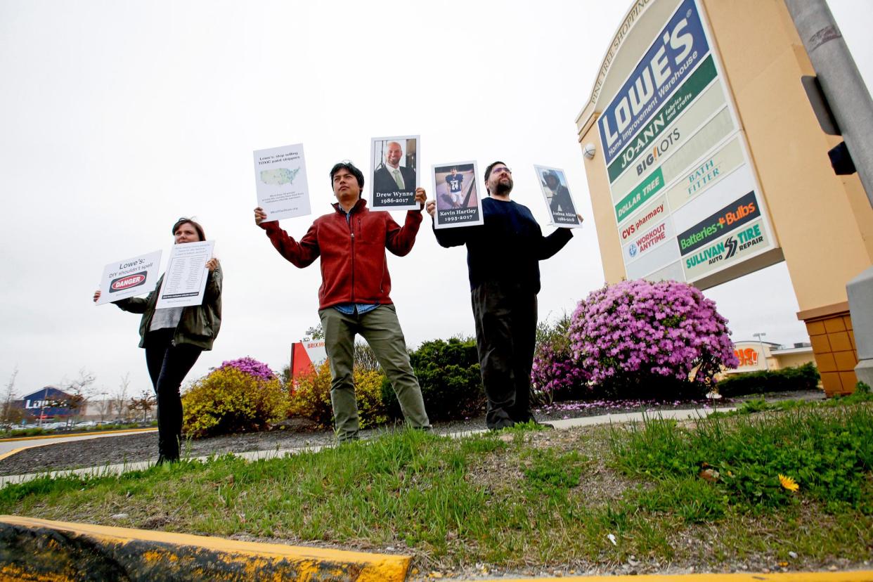 <span>People protest against the sale of paint strippers containing methylene chloride outside a Lowes in Portland, Maine, on 10 May 2018.</span><span>Photograph: Ben McCanna/Portland Press Herald via Getty Images</span>