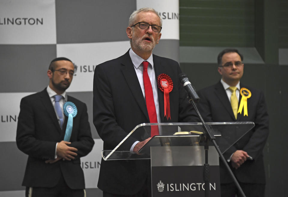 British opposition Labour Party leader Jeremy Corbyn speaks during the declaration of his seat in the 2019 general election in Islington, London, Friday, Dec. 13, 2019. The first handful of results to be declared in Britain's election are showing a surge in support for to the Conservatives in northern England seats where Labour has long been dominant. (AP Photo/Alberto Pezzali)