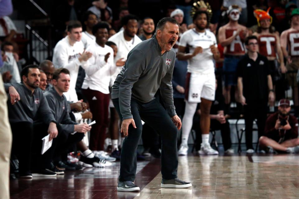 Feb 8, 2023; Starkville, Mississippi, USA; Mississippi State Bulldogs head coach Chris Jans reacts during the first half against the LSU Tigers at Humphrey Coliseum. Mandatory Credit: Petre Thomas-USA TODAY Sports