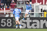 Napoli's Khvicha Kvaratskhelia celebrates after scoring his side's 2nd goal during the Serie A soccer match between Torino and Napoli at the Turin Olympic stadium, Italy, Sunday, March 19, 2023. (Fabio Ferrari/LaPresse via AP)