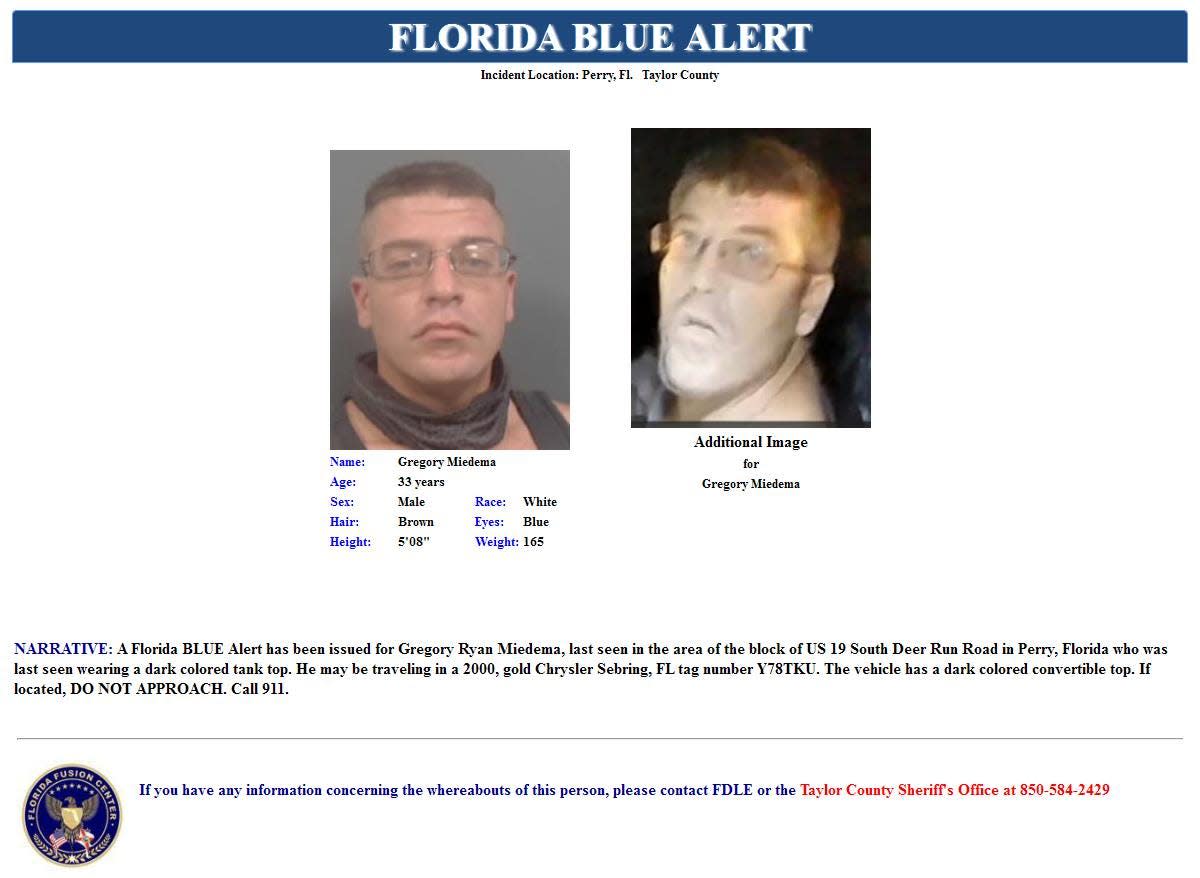 The Florida Department of Law Enforcement issued a Blue Alert for a man suspected of shooting a Taylor County deputy.