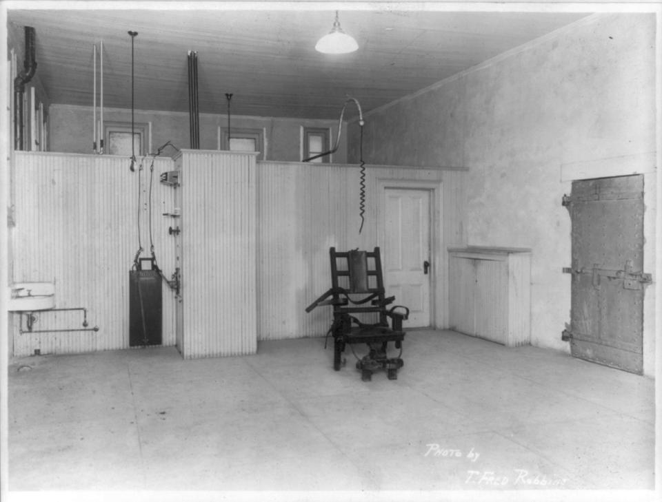 The electric chair at Sing Sing Prison in Ossining, N.Y., circa 1915.