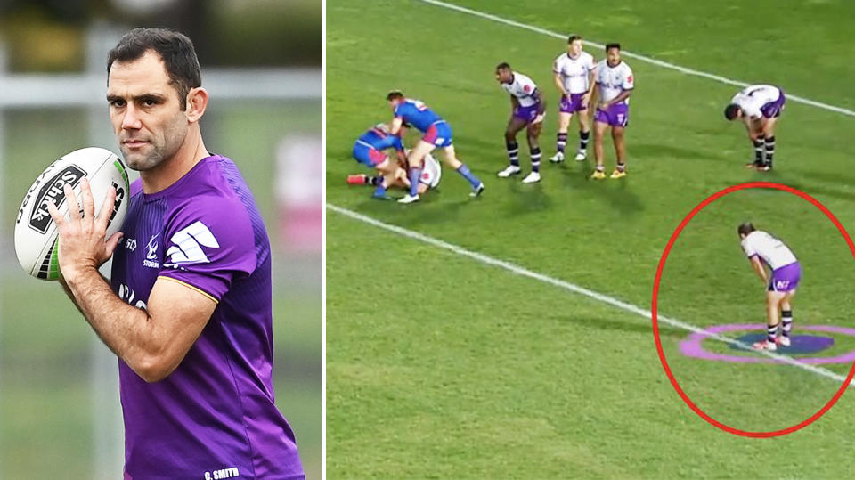 Cameron Smith (pictured left) at training and (pictured right) during a match against the Knights.