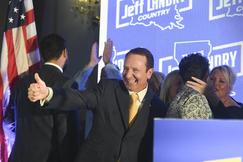 Louisiana gubernatorial candidate Jeff Landry speaks to supporters during a watch party at Broussard Ballroom, Saturday, Oct. 14, 2023, in Broussard, La. (Brad Kemp/The Advocate via AP)