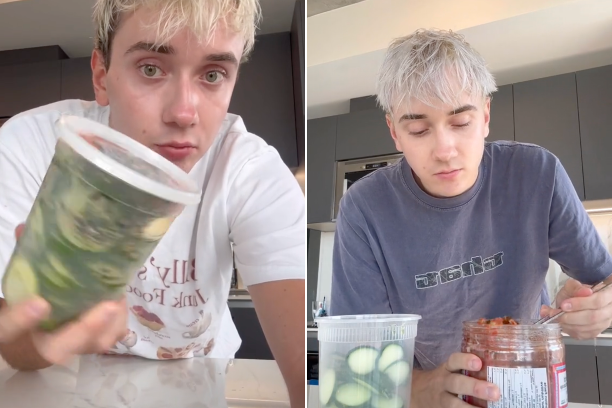 Two views of Logan Moffitt with his cucumber salad