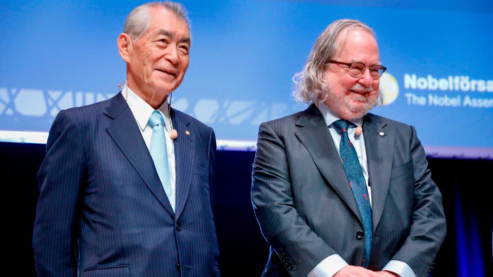 The 2018 Nobel Prize laureates in medicine, Japanese scientist Tasuku Honjo, left, and  US scientist James P Allison, laid the groundwork for a new class of cancer drugs. - Christine Olsson/AFP/Getty Images