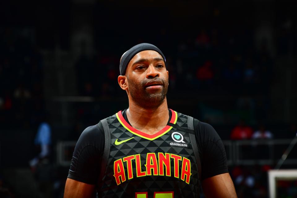 Vince Carter #15 of the Atlanta Hawks looks on during the game against the Philadelphia 76ers on January 30, 2020 at State Farm Arena in Atlanta, Georgia.