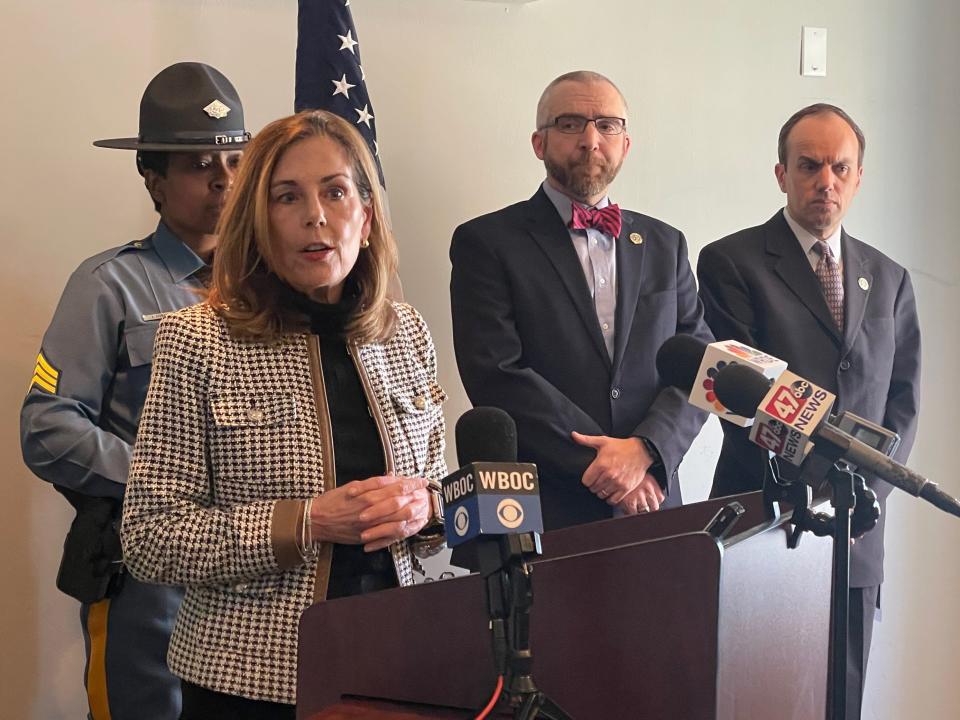 Attorney General Kathleen Jennings talks about the indictment of a Seaford educator on child sex abuse charges on Tuesday, March 14, 2023, in Seaford. From left are Delaware State Police Sgt. India Sturgis, Jennings, State Prosecutor Dan Logan and Sussex County Chief Prosecutor Dave Hume.