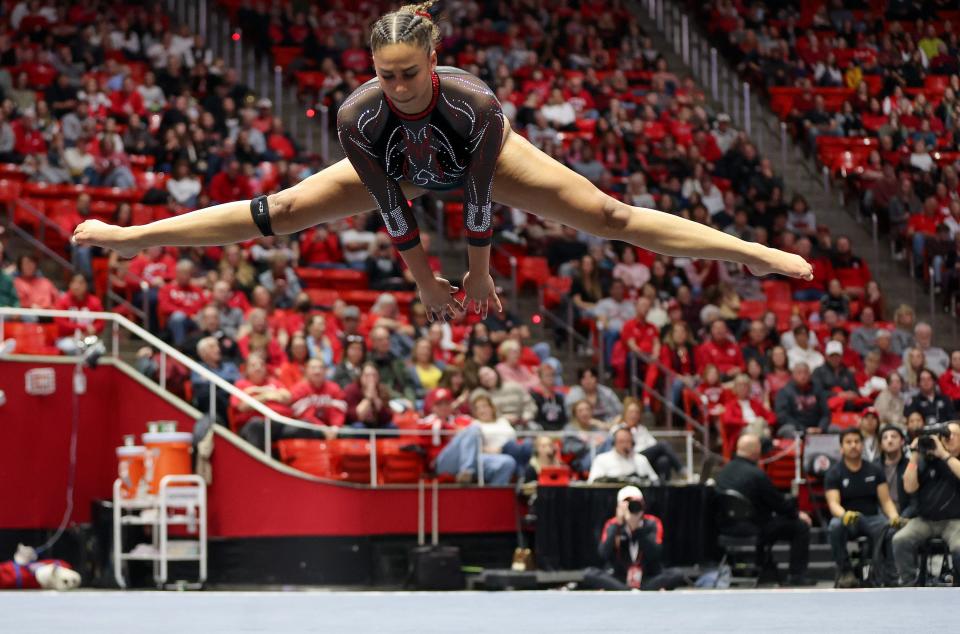 Utah’s Jaedyn Rucker does her floor routine as Utah Red Rocks compete against Oregon State in a gymnastics meet at the Huntsman Center in Salt Lake City on Friday, Feb. 2, 2024. Utah won. | Kristin Murphy, Deseret News