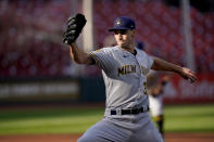 Milwaukee Brewers starting pitcher Brent Suter throws during the second inning in the first game of a baseball doubleheader against the St. Louis Cardinals Friday, Sept. 25, 2020, in St. Louis. (AP Photo/Jeff Roberson)