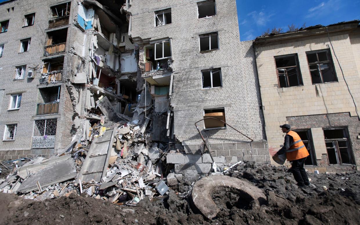 An apartment building in Bakhmut, in the Donetsk region, was bombed on Thursday - David Rose for The Telegraph