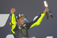 MotoGP Yamaha rider Valentino Rossi of Italy celebrates 3rd place during the Andalucia Motorcycle Grand Prix at the Angel Nieto racetrack in Jerez de la Frontera, Spain, Sunday July 26, 2020. (AP Photo/David Clares)