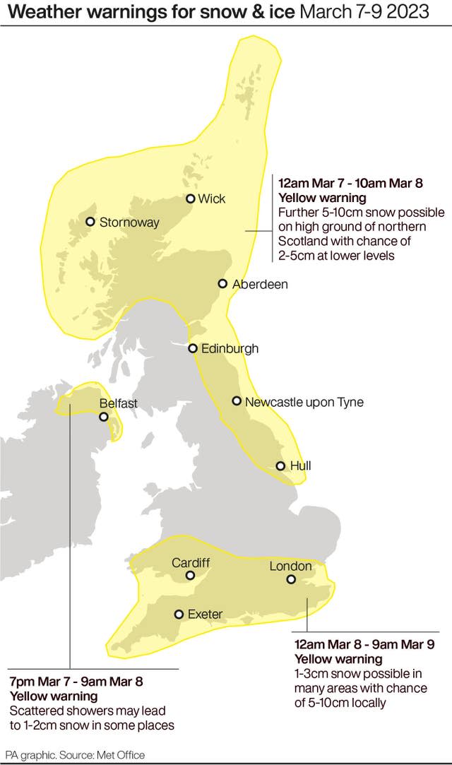 Weather warnings for snow & ice March 7-9 2023