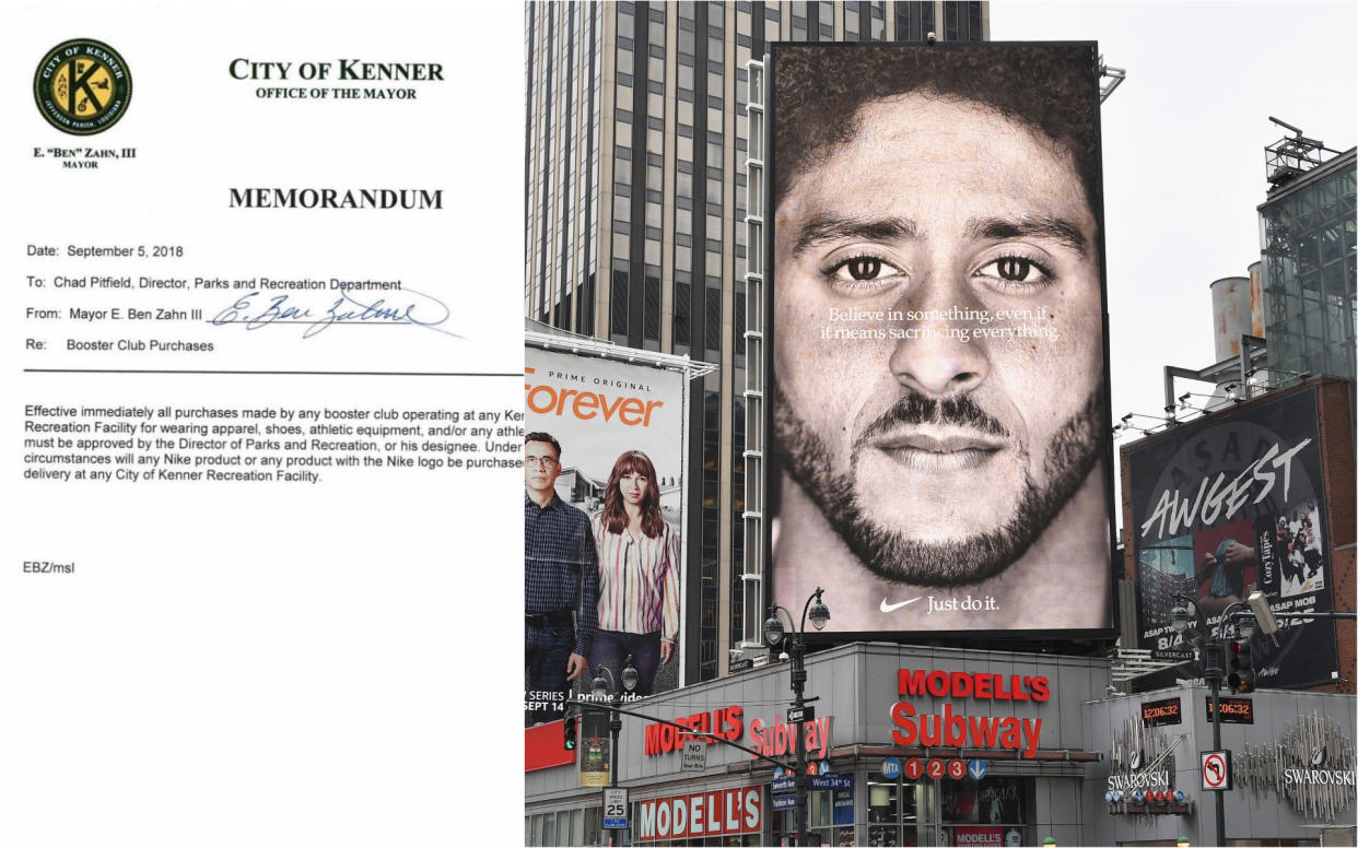 Memorando de la ciudad de Kenner, a la derecha, un gigante cartel publicitario con el rostro de Colin Karpernick. | Foto: Getty