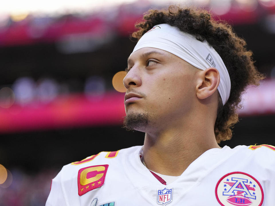 Patrick Mahomes of the Kansas City Chiefs, stands during the national anthem at Super Bowl LVII at State Farm Stadium on Feb. 12, 2023 in Glendale, Arizona. / Credit: Cooper Neill/Getty Images