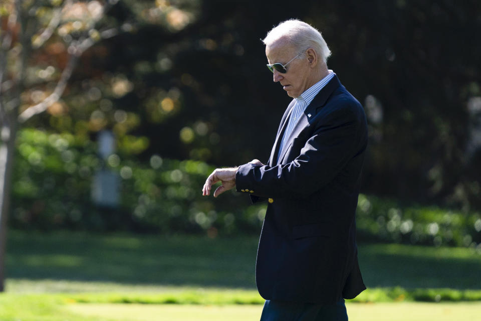 President Joe Biden walks to board Marine One on the South Lawn of the White House, Wednesday, Nov. 1, 2023, in Washington. Biden is traveling to Minneapolis. (AP Photo/Evan Vucci)