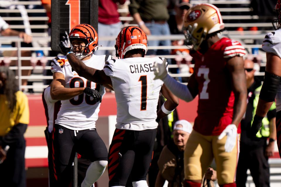 Cincinnati Bengals wide receiver <a class="link " href="https://sports.yahoo.com/nfl/players/40211" data-i13n="sec:content-canvas;subsec:anchor_text;elm:context_link" data-ylk="slk:Andrei Iosivas;sec:content-canvas;subsec:anchor_text;elm:context_link;itc:0">Andrei Iosivas</a> (80) celebrates with Cincinnati Bengals wide receiver Ja’Marr Chase (1) after scoring a touchdown in the first quarter of the NFL game between the Cincinnati Bengals and the San Francisco 49ers at Levi Stadium in Santa Clara, Calif., on Sunday, Oct 29, 2023.