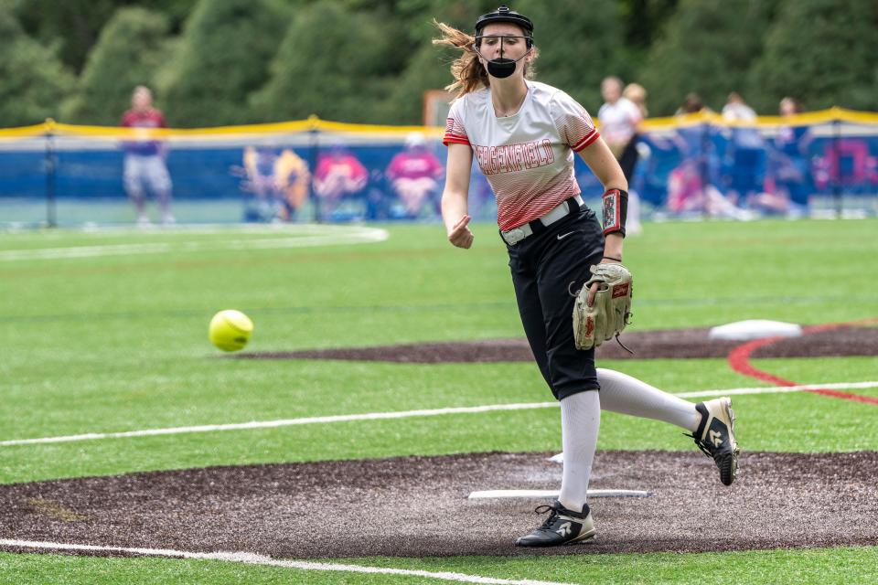 B #21 Kayla Porter pitches the ball. Emerson plays Bergenfield in the Bergen County Tournament Quarterfinals at IHA in the Township of Washington on Saturday, May 13, 2023. 