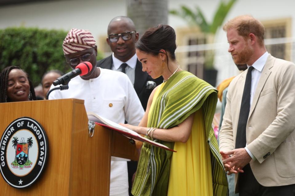 Meghan Markle and Prince Harry visit the State Governor House in Lagos on May 12, 2024. AFP via Getty Images