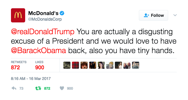 Una de las cuentas oficiales de McDonald’s tuiteó (y rápidamente eliminó) un mensaje ofensivo contra el presidente Trump. (Photo: @McDonaldsCorp)