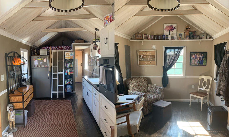 Keli and Ryan Brinks of Kentucky live in a tiny home apart from their children, ages 16 and 18. Pictured: The couple's kitchen and living room. (Photo: Courtesy of the Brinks family)