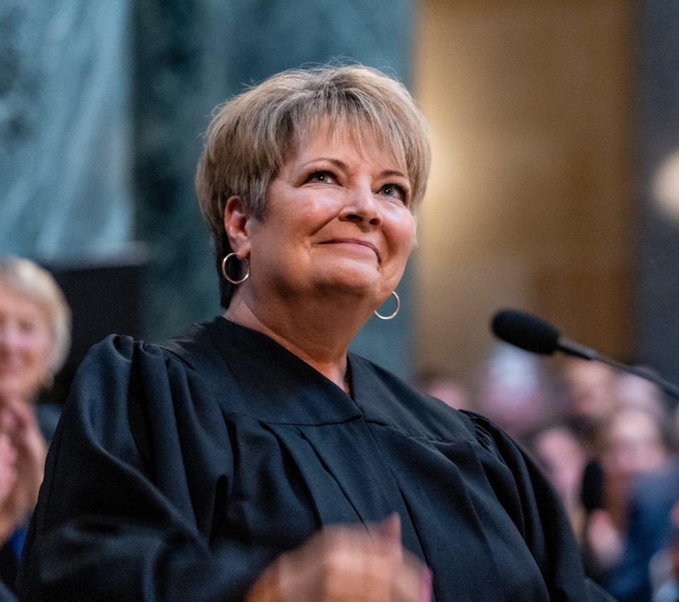 Justice Janet Protasiewicz is sworn into the Wisconsin Supreme Court on Aug. 1 at the state Capitol in Madison.