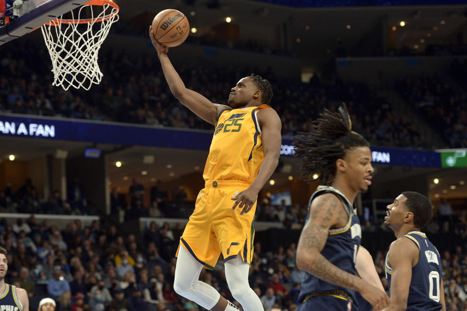 Utah Jazz forward Danuel House Jr. (25) shoots the ball in the second half of an NBA basketball game against the Memphis Grizzlies Friday, Jan. 28, 2022, in Memphis, Tenn. (AP Photo/Brandon Dill)