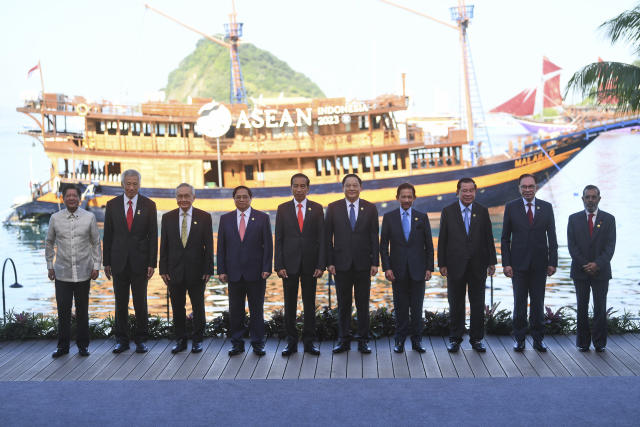 From left to right, Philippine President Ferdinand Marcos Jr., Singapore's Prime Minister Lee Hsien Loong, Thailand's Deputy Prime Minister and also Foreign Minister Don Pramudwinai, Vietnam's Prime Minister Pham Minh Chinh, Indonesian President Joko Widodo, Laotian Prime Minister Sonexay Siphandone, Brunei's Sultan Hassanal Bolkiah, Cambodia's Prime Minister Hun Sen, Malaysian Prime Minister Anwar Ibrahim and East Timorese Prime Minister Taur Matan Ruak pose for a family photo during the 42nd ASEAN Summit in Labuan Bajo, East Nusa Tenggara, Indonesia, Wednesday, May 10, 2023. (Akbar Nugroho Gumay/Pool Photo via AP)