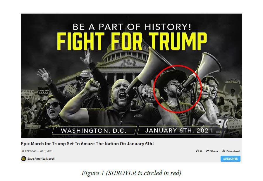 An Aug. 19, 2021, criminal complaint and arrest affidavit filed in U.S. District Court in Washington D.C. includes screen grabs from Infowars promotional material posted days before the deadly rioting at the U.S. Capitol. Host Owen Shroyer is charged with knowingly entering or remaining in a restricted building or grounds without lawful authority and engaging in violent entry and disorderly conduct.