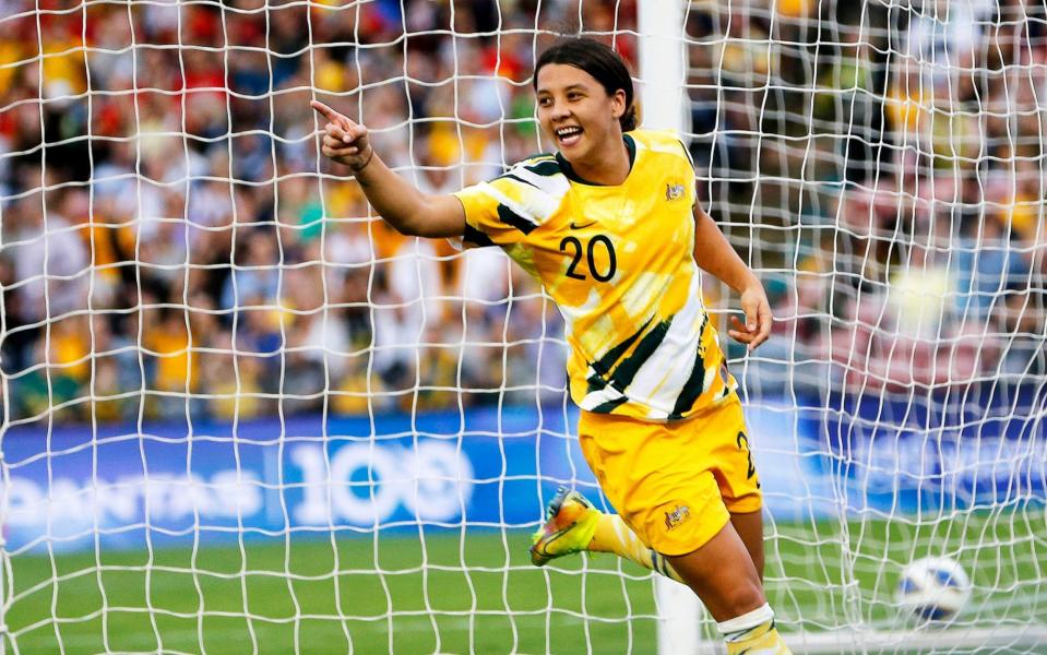 Sam Kerr of Australia celebrates after scoring the opening goal during the Women's Tokyo 2020 Olympics Asian Qualifiers soccer match between Australia and Vietnam - SHUTTERSTOCK