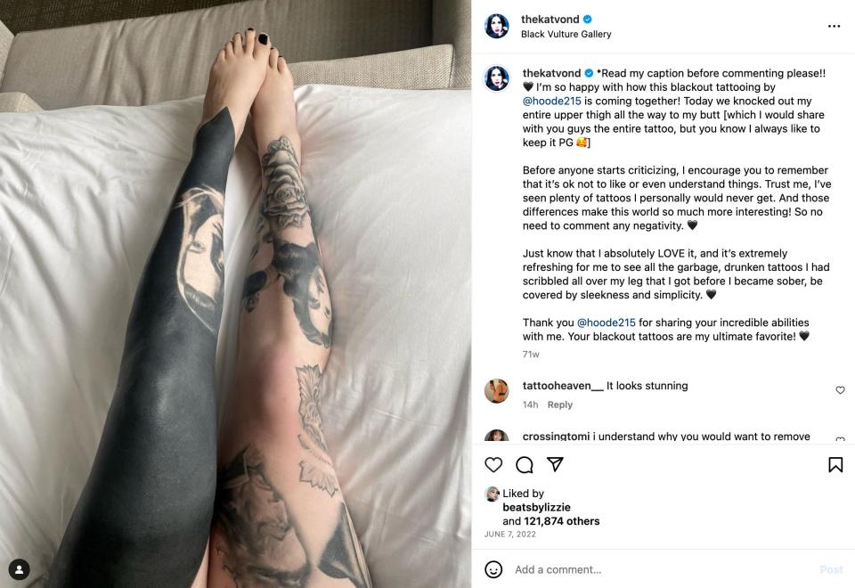 Kat Von D shows her blackout leg tattoo.