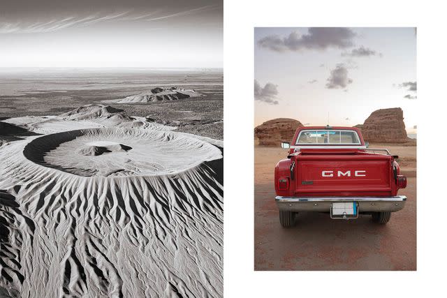 <p>Kevin West</p> From left: Jabal Abyad, known as the white volcano; reconditioned 1970s trucks are used to transport guests in AlUla.