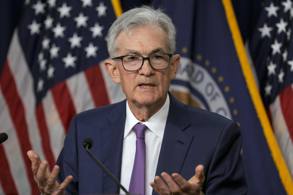 FILE - Federal Reserve Board Chairman Jerome Powell speaks during a news conference at the Federal Reserve in Washington, May 1, 2024. On Wednesday, June 12, 2024, the Federal Reserve will update its economic policy statement and wrap up its latest meeting with interest rate forecasts and Powell. (AP Photo/Susan Walsh, File)