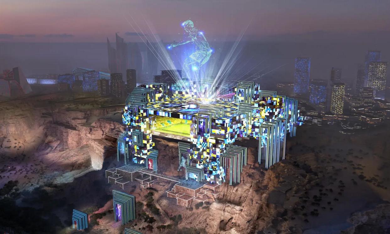 <span>An artist's impression of the Prince Mohammed bin Salman Stadium, which Saudi Arabia plans to build on a cliff near Qiddiya for the 2034 World Cup.</span><span>Photograph: Handout</span>