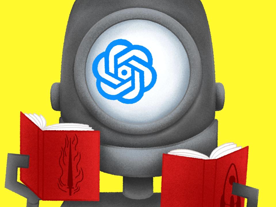 An animated illustration of a robot with a giant eye made from the Chat gpt logo. The robot is holding 4 books with science fiction themed covers, and the eye is animated to look at each book.