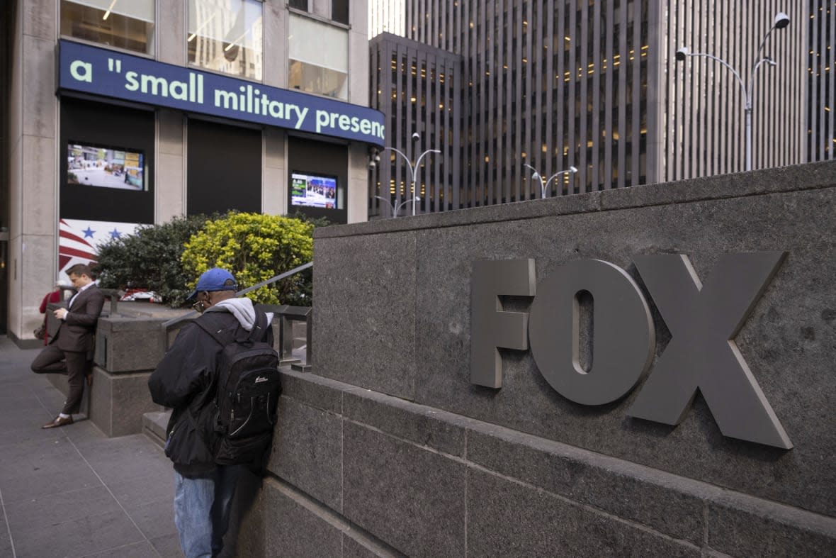 A logo of Fox News is displayed outside Fox News Headquarters in New York, Wednesday, April. 12, 2023. Dominion Voting Systems’ defamation lawsuit against Fox News for airing bogus allegations of fraud in the 2020 election is set to begin trial on Monday, April 17, 2023, in Delaware.(AP Photo/Yuki Iwamura, File)