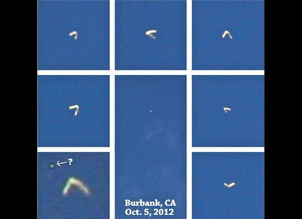 This is a composite of images shot by two eyewitnesses of a boomerang-shaped UFO they reported seeing over their Burbank, Calif., home on Oct. 5, 2012. Mutual UFO Network photo/video analyst Marc Dantonio concluded the object was likely "a balloon, floating on the wind that has collapsed in half."
